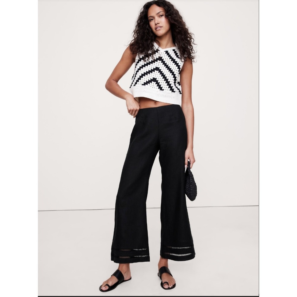 New Banana Republic Pants 12 Linen Kick Flare Lace Trim Cropped Coastal Black